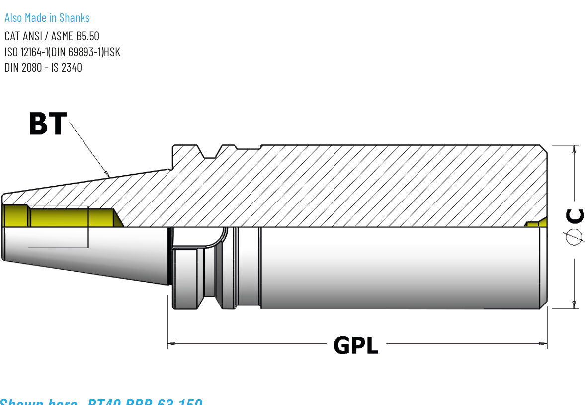 Technical dimension drawing of Boring Bar Blanks (BBB) 46BT50BBB055100 — BT shank, ISO / DIN