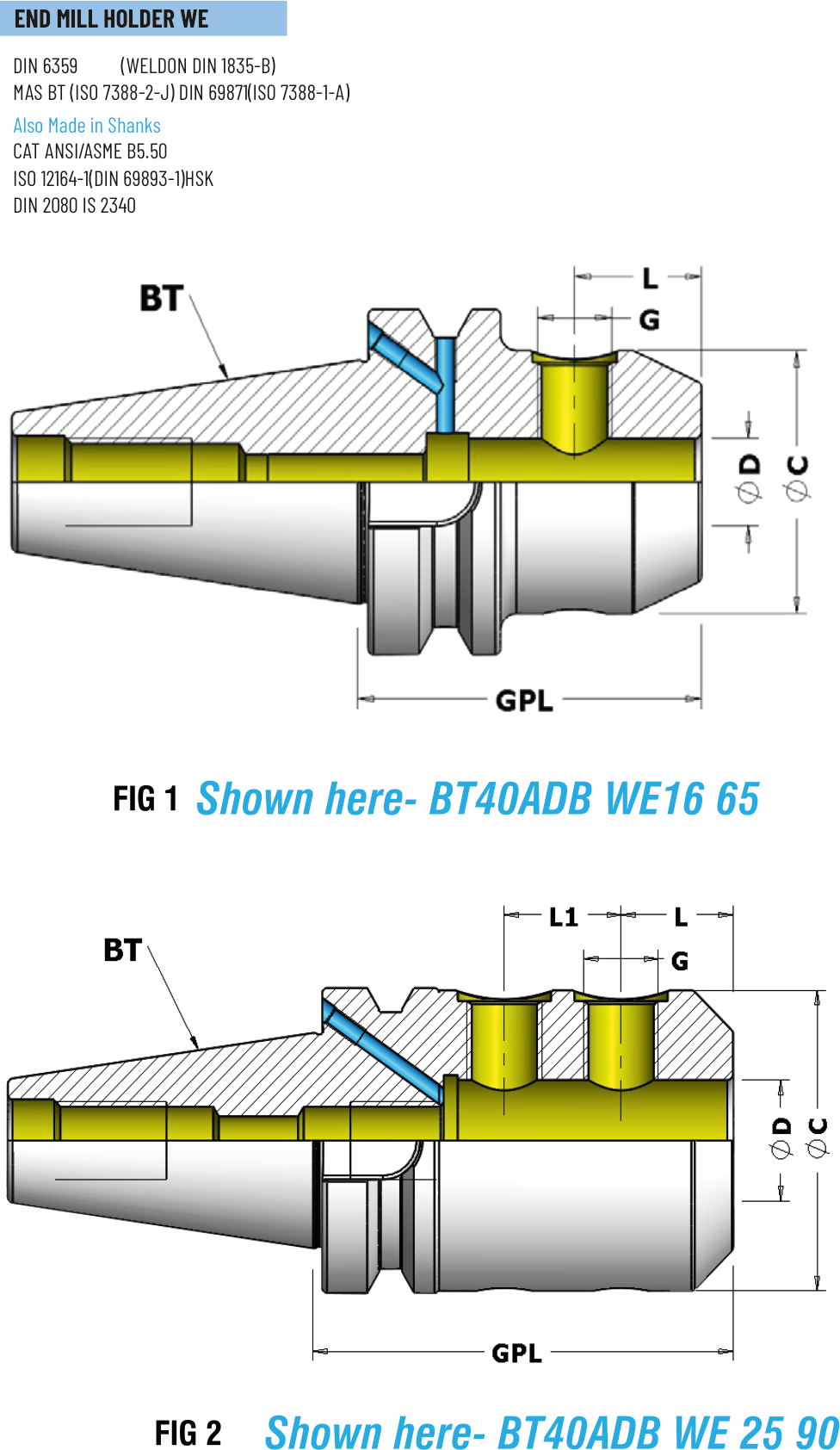 Technical dimension drawing of End Mill Holders (Weldon WE) 47BT40WE1663 — BT shank, DIN 1835-B / Weldon
