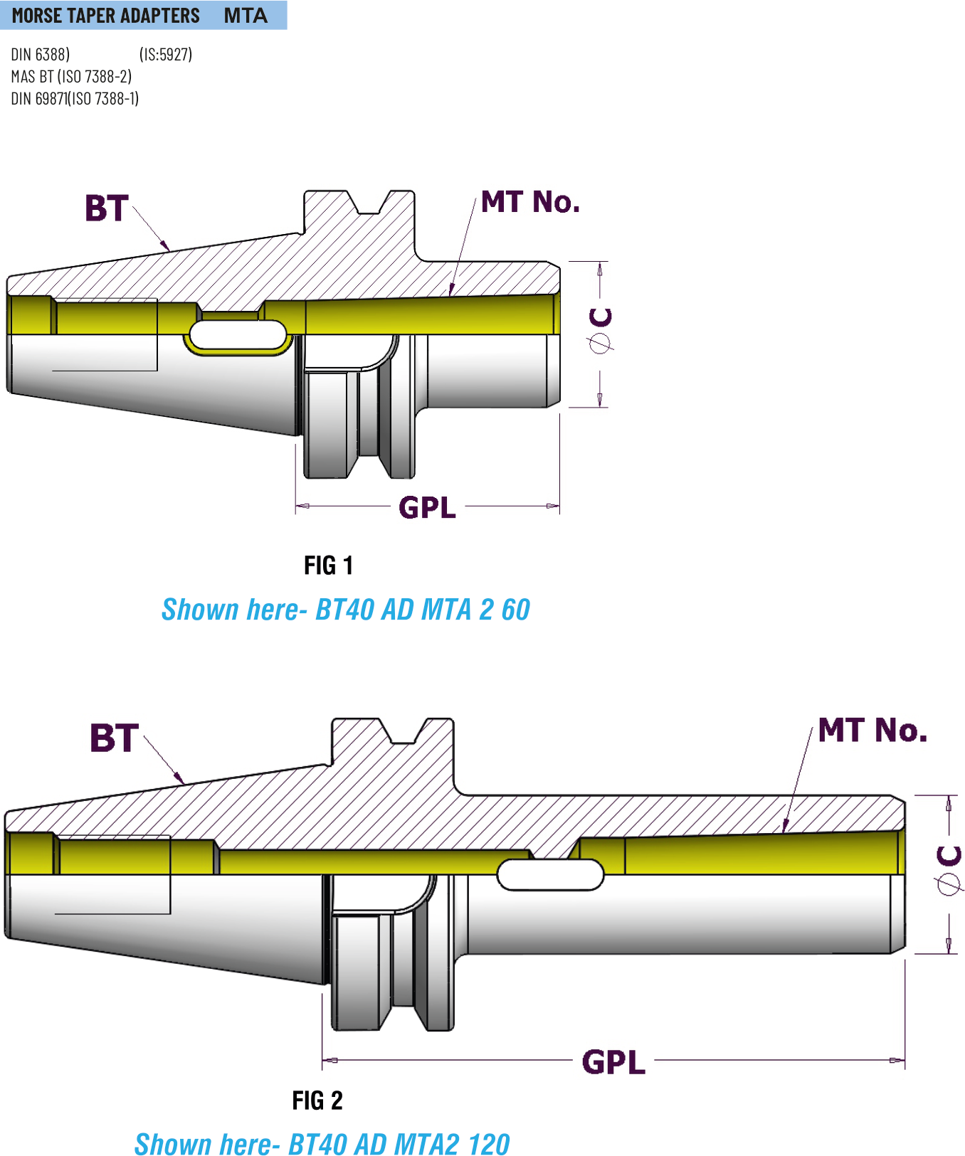 Technical dimension drawing of Morse Taper Adapters (MTA) 46BT40MTA375 — BT shank, DIN 228 / Morse Taper