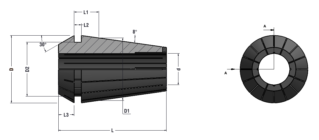 ER collet DIN 6499 dimension drawing — L, L1, L2, L3, D, D1, D2