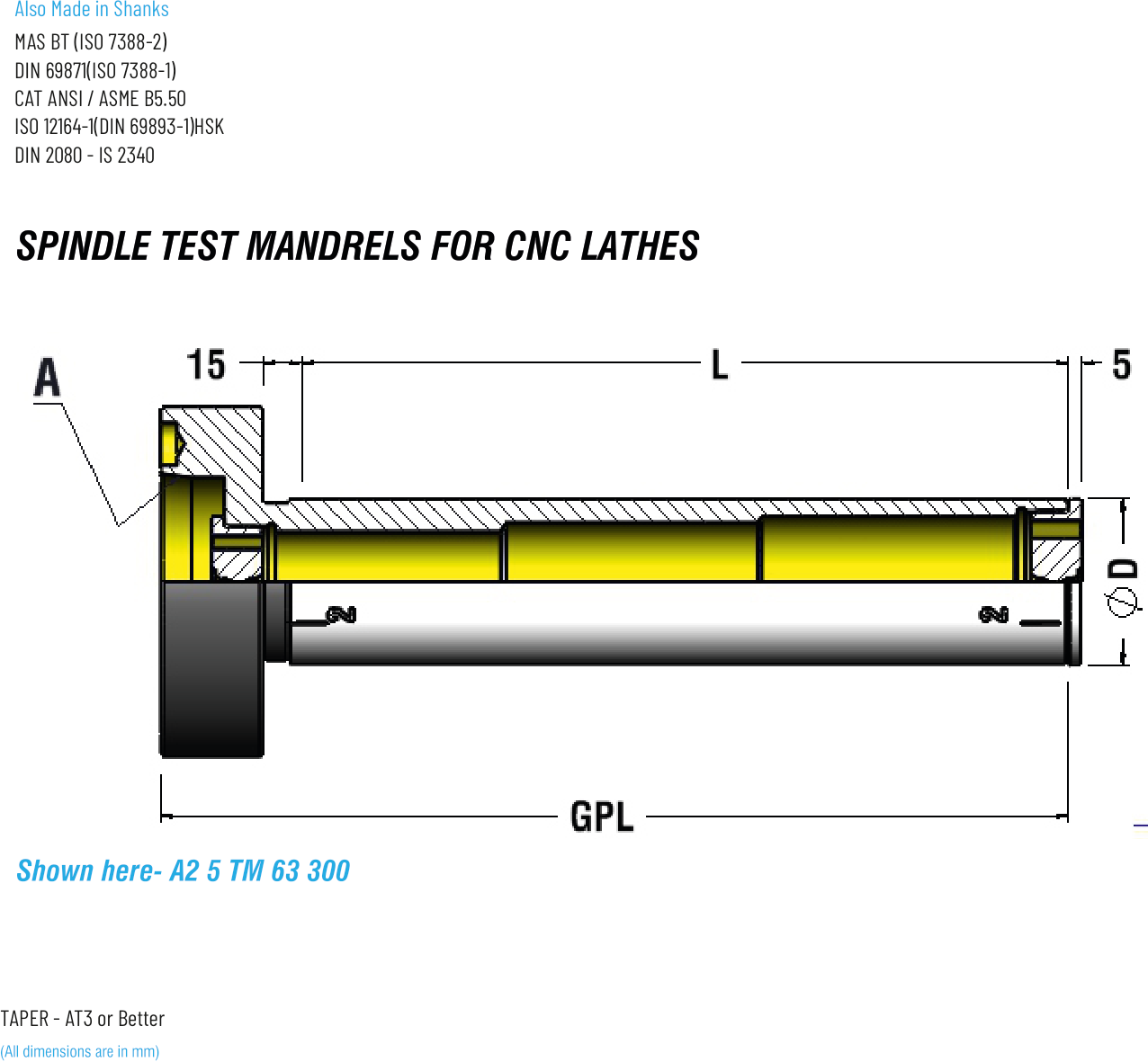 Technical dimension drawing of CNC Lathe Test Mandrels 37 A211 TM 63 300, ISO 702-1