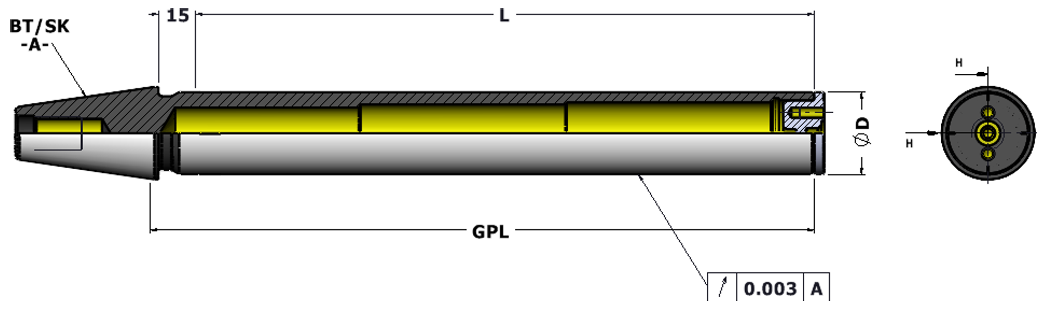 Spindle test mandrel TM without flange, BT/SK shank — sectional drawing dimensioned 15, L, 5, ØD and GPL