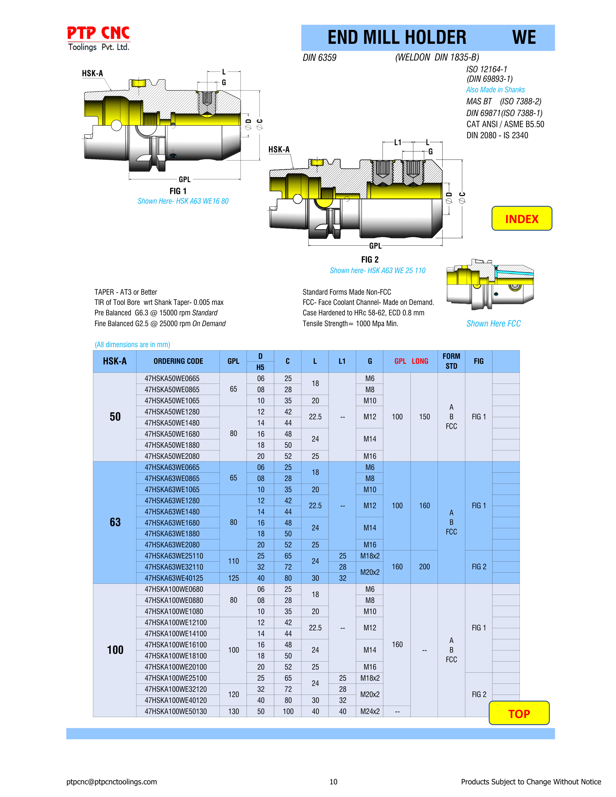HSK-A End Mill Holders Ordering Table