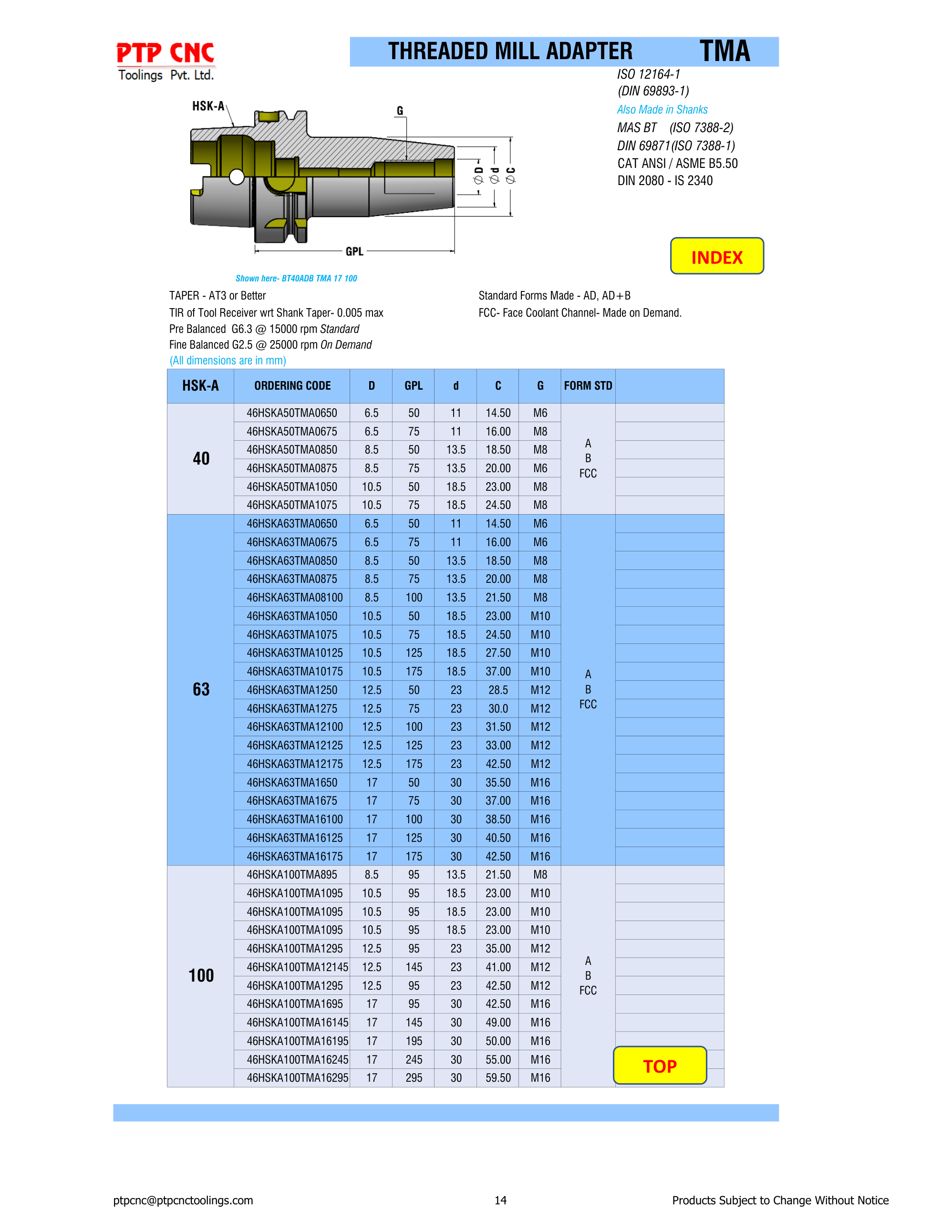 HSK-A Threaded Mill Ordering Table
