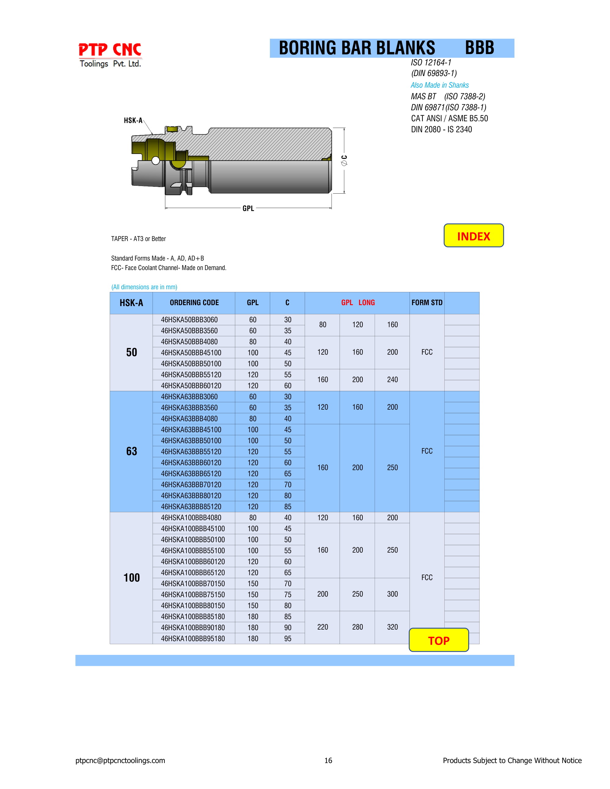 HSK-A Boring Bar Blanks Ordering Table